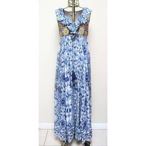 ALTERED Rococo Sand Blue Tile Silk Crepe Ruffle Tassel Maxi Dress Small